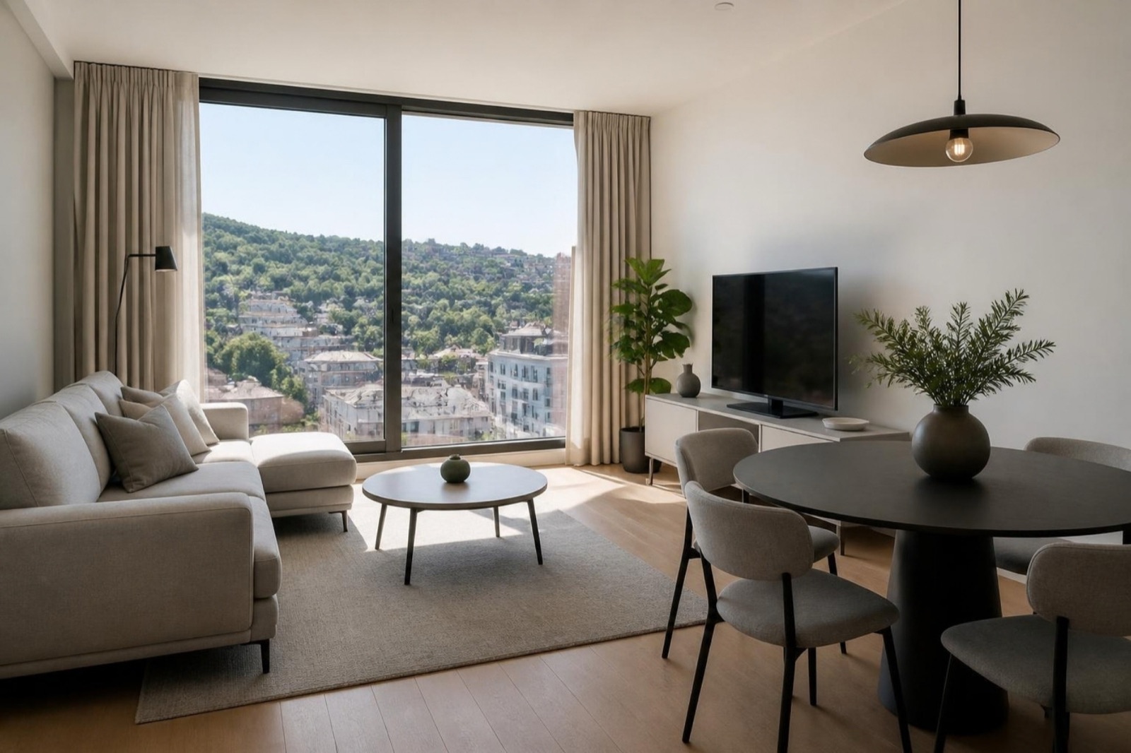 Bright living room with pale wood floor and a wide window looking over city rooftops and green hills