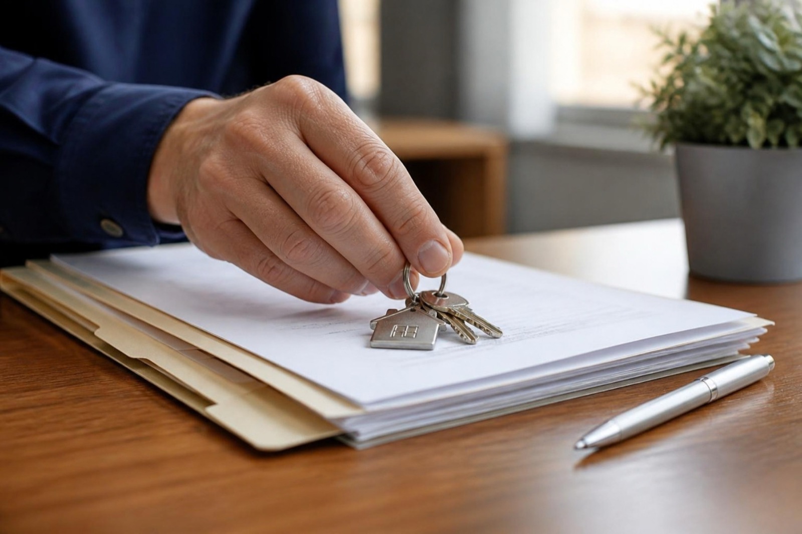 A buyer’s hand taking a bunch of keys from a folder of signed papers on an office desk