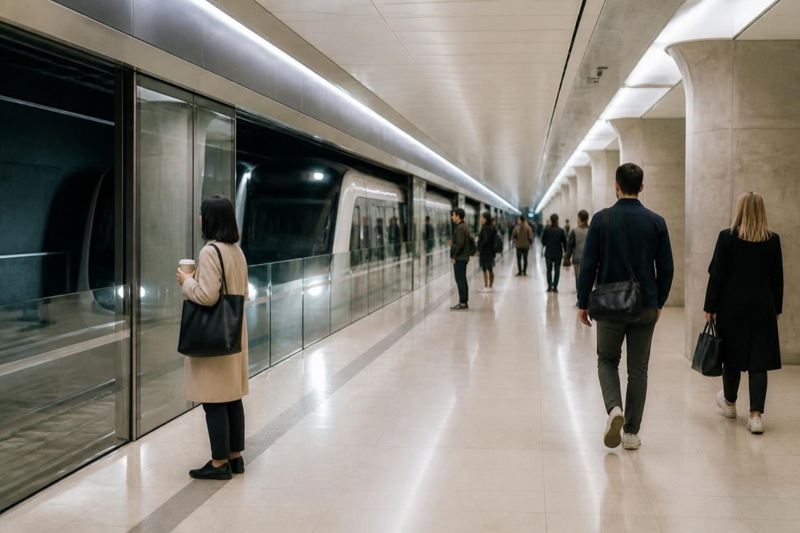 Cam peron kapılarının ardına tren yanaşırken aydınlık bir yeraltı metro peronunda bekleyen yolcular