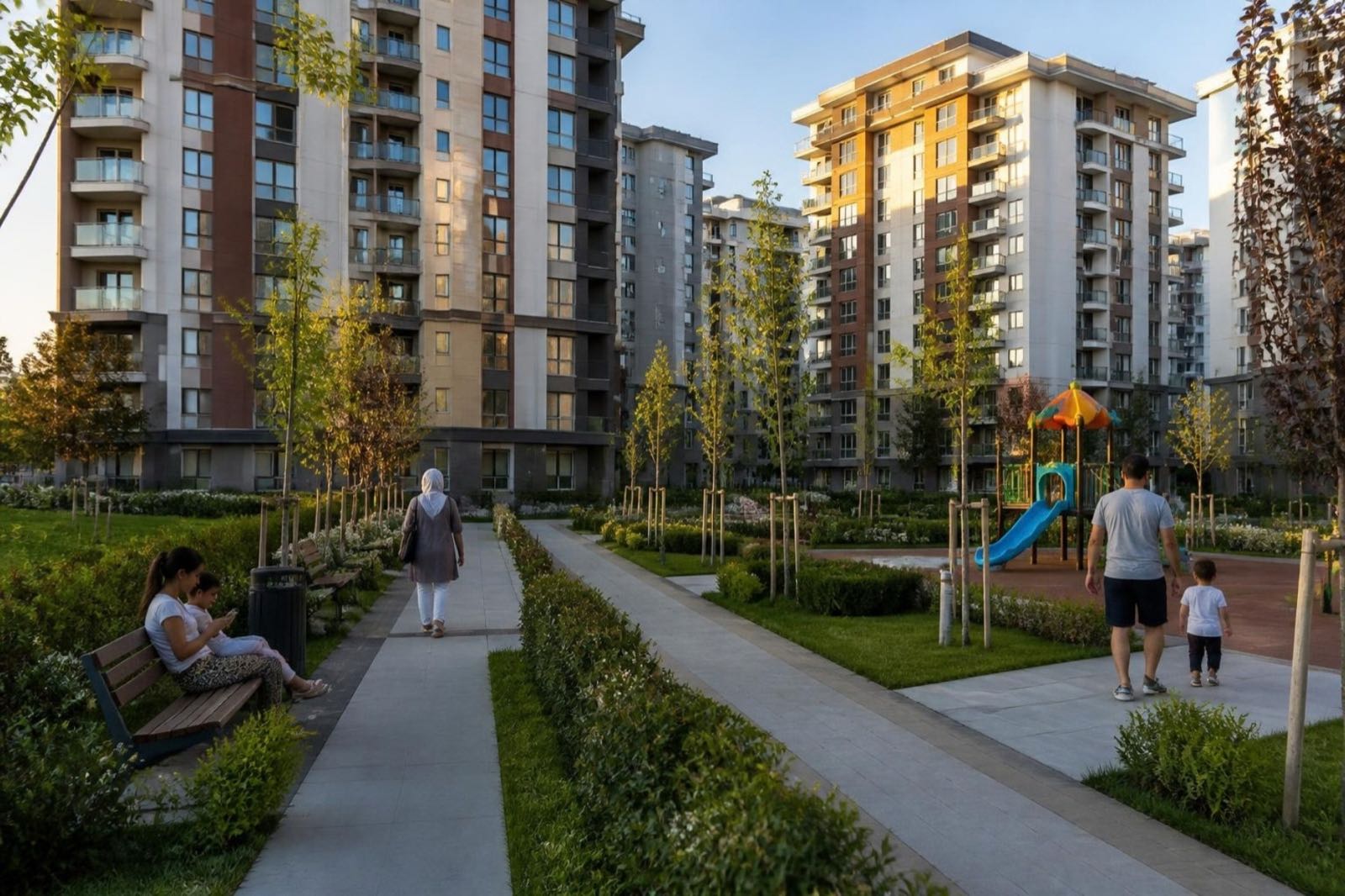 Landscaped courtyard of a modern residential complex with children playing and apartment blocks around it