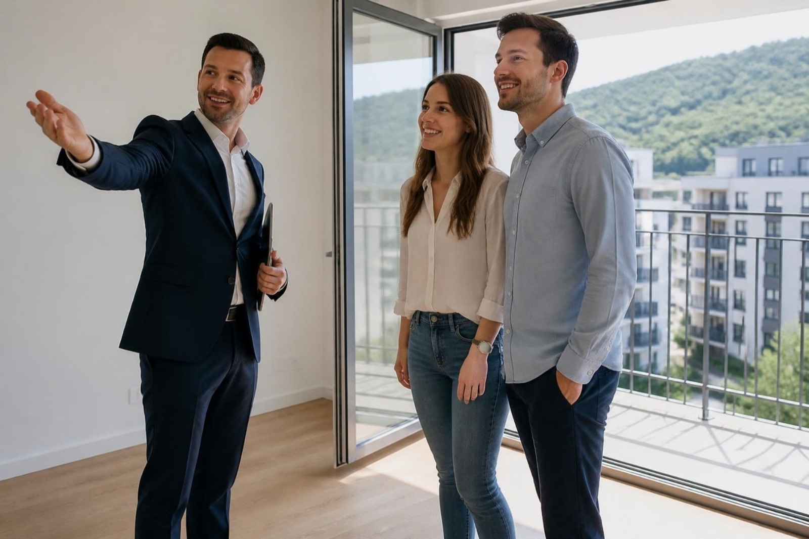 Estate agent showing a couple around a bright empty apartment with a balcony overlooking the city