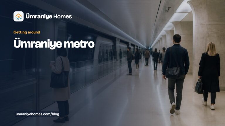 Ümraniye Homes guide card titled Ümraniye metro, over a photo of commuters on an underground metro platform